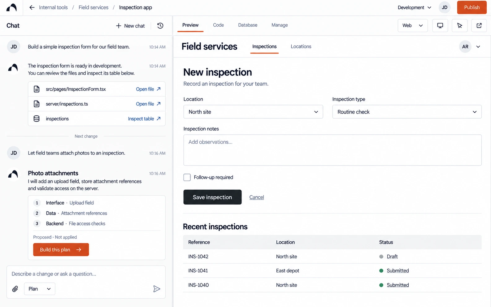 Ahamo builder concept with a conversation beside an inspection app and its Preview, Code, Database, and Manage views.